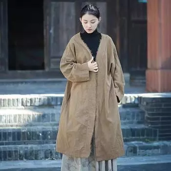 Johnature Женские винтажные бандажные однотонные пальто зимние с V-образным вырезом и длинным рукавом А-силуэта One Size коричневый