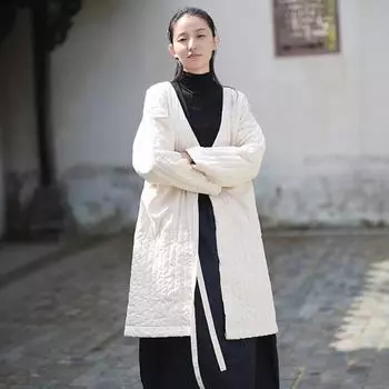 Johnature Женские винтажные бандажные пальто с V-образным вырезом и длинными рукавами, однотонные зимние теплые пальто One Size бежевый