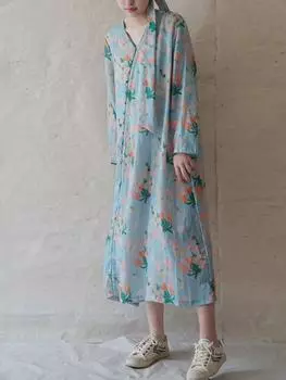 Johnature женские винтажные бандажные платья с цветочным принтом и v-образным вырезом с длинными рукавами, халаты высокого качества, весеннее платье на пуговицах L светло-синий