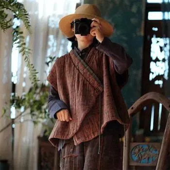 Johnature женские винтажные бандажные плюс хлопковые жилеты пальто зимняя одежда без рукавов с v-образным вырезом теплые женские жилеты в китайском стиле One Size темно-коричневого