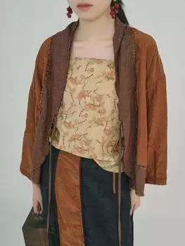 Johnature женские винтажные бандажные рубашки лоскутные цветные льняные топы высокого качества осенние блузки рубашки с семью рукавами One Size коричневый