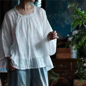 Johnature Женские винтажные белые футболки с круглым вырезом и длинным рукавом Осенние повседневные мягкие свободные женские футболки One Size белый