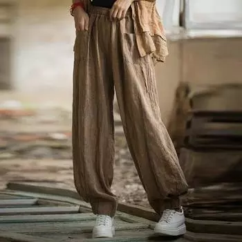 Johnature женские винтажные брюки-фонарики с эластичной резинкой на талии и карманами в стиле пэчворк, осенние однотонные свободные женские брюки с принтом тай-дай One Size фиолетовый