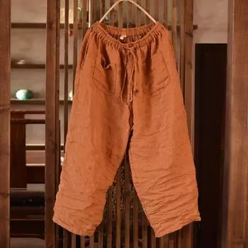 Johnature женские винтажные брюки с эластичной резинкой на талии, повседневные весенние брюки с поясом, однотонные длинные брюки с карманами в стиле пэчворк M фиолетовый