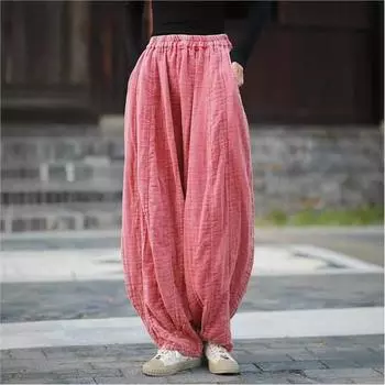 Женские винтажные брюки Johnature с эластичной талией, однотонные брюки, весенние свободные мягкие повседневные длинные брюки One Size темно-синий