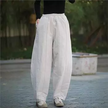 Johnature Женские винтажные брюки, теплые однотонные брюки с эластичной резинкой на талии, зимние свободные повседневные длинные брюки One Size кофейный