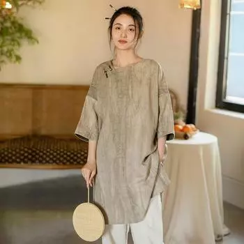 Johnature женские винтажные длинные футболки летние однотонные женские футболки со свободными карманами на пуговицах и семью рукавами M хаки