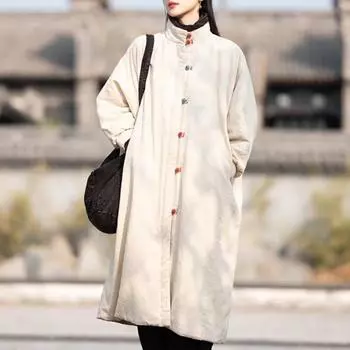 Johnature женские винтажные длинные парки с высоким воротником однотонные хлопковые теплые пальто зимние парки на пуговицах с длинными рукавами One Size бежевый