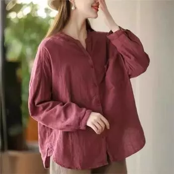 Johnature женские винтажные двойные хлопковые рубашки с v-образным вырезом и длинными рукавами, однотонные мягкие блузки, весенние свободные рубашки L хаки