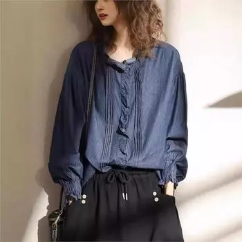 Johnature женские винтажные джинсовые рубашки в складку, топы, однотонные блузки с длинными рукавами, весенние свободные женские рубашки