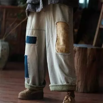 Johnature женские винтажные джинсовые широкие брюки в стиле пэчворк с нашивками свободные брюки зимние эластичные талии плюс хлопковые теплые брюки One Size светло-серый