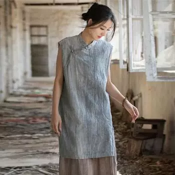 Johnature Женские винтажные футболки без рукавов, летние длинные футболки с пуговицами в китайском стиле со стойкой тай-дай One Size серый