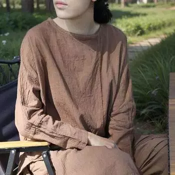 Johnature женские винтажные футболки нестандартной формы весенние футболки однотонные тканевые футболки с круглым вырезом и длинными рукавами One Size кофейный