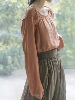 Johnature женские винтажные футболки однотонные футболки с длинными рукавами осенние мягкие женские повседневные свободные футболки One Size кофейный