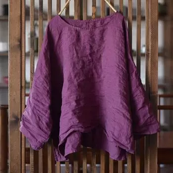 Johnature Женские винтажные футболки Однотонные О-образные с длинным рукавом Весенние повседневные женские свободные мягкие футболки One Size фиолетовый