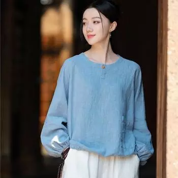 Johnature Женские винтажные футболки однотонные с длинным рукавом и круглым вырезом осенние свободные женские футболки с карманами One Size бежевый