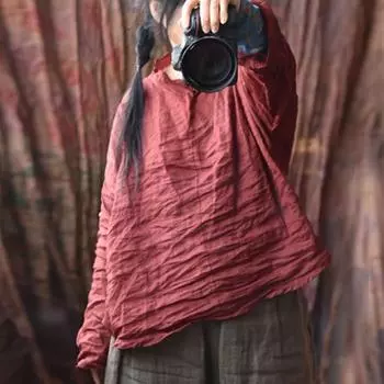 Женские винтажные футболки Johnature, однотонные, с длинным рукавом, весенние, в китайском стиле, женские мягкие футболки One Size темно-красного