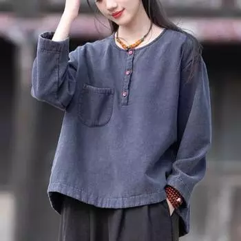 Johnature женские винтажные футболки плюс флисовые однотонные футболки с круглым вырезом и длинными рукавами осенние теплые футболки в китайском стиле One Size чёрный