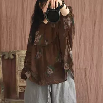 Johnature женские винтажные футболки Ramie футболки с v-образным вырезом и длинными рукавами с цветочным принтом одежда высокого качества весенние свободные футболки One Size кофейный