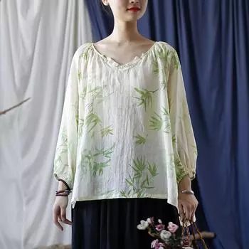 Johnature женские винтажные футболки Ramie с v-образным вырезом и длинными рукавами, зеленые футболки с цветочным принтом, осенние свободные повседневные женские футболки One Size зелёный