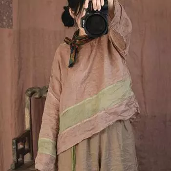 Johnature женские винтажные футболки Ramie, весенняя одежда Tess с длинными рукавами и круглым вырезом, лоскутные цветные свободные женские футболки One Size жёлтый