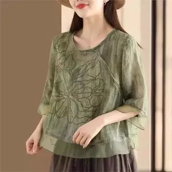 Johnature женские винтажные футболки с цветочной вышивкой в стиле пэчворк из органзы, летние однотонные футболки с короткими рукавами One Size