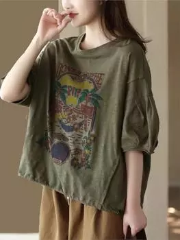 Johnature женские винтажные футболки с цветочным принтом и круглым вырезом, футболки с короткими рукавами, летние хлопковые свободные женские повседневные мягкие футболки One Size зелёный