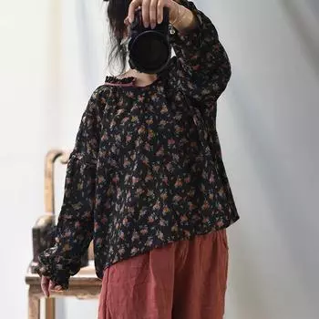 Johnature женские винтажные футболки с цветочным принтом, хлопковые мягкие футболки с длинными рукавами, весенние свободные женские футболки One Size чёрный