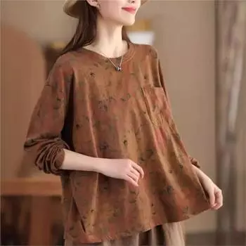 Johnature женские винтажные футболки с цветочным принтом и круглым вырезом, весенние футболки с длинными рукавами, свободные лоскутные карманы, женские футболки