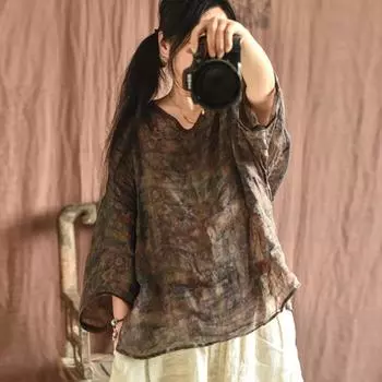 Johnature женские винтажные футболки с цветочным принтом рами свободные футболки с v-образным вырезом и семью рукавами летние тонкие женские футболки One Size синий