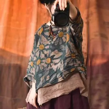 Johnature женские винтажные футболки с цветочным принтом Ramie, летние футболки с круглым вырезом и длинными рукавами, свободная женская одежда, повседневные футболки One Size фиолетовый
