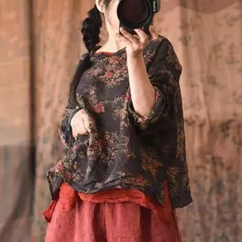 Johnature женские винтажные футболки с цветочным принтом, летние футболки с капюшоном и длинными рукавами, свободные женские футболки высокого качества One Size красный