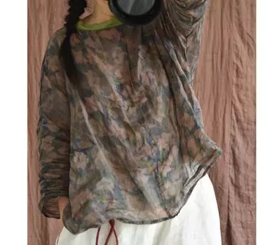 Johnature женские винтажные футболки с цветочным принтом, весенние футболки Ramie, одежда высокого качества с длинными рукавами, женские футболки One Size красный