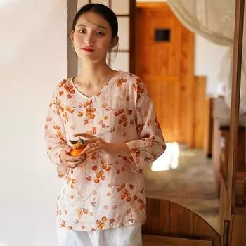Johnature Женские винтажные футболки с цветочным принтом и v-образным вырезом, весенние женские футболки с семью рукавами в китайском стиле
