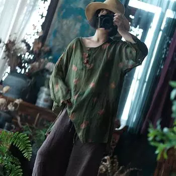 Johnature Женские винтажные футболки с цветочным принтом и длинным рукавом, свободные осенние женские футболки с пуговицами One Size красный