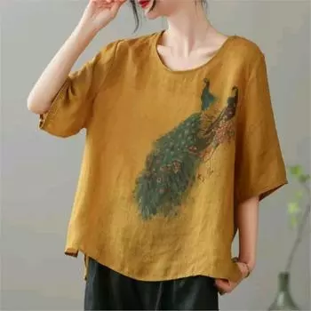 Johnature Женские винтажные футболки с цветочным принтом и короткими рукавами, летние новые свободные ткани с круглым вырезом, женские повседневные футболки One Size жёлтый