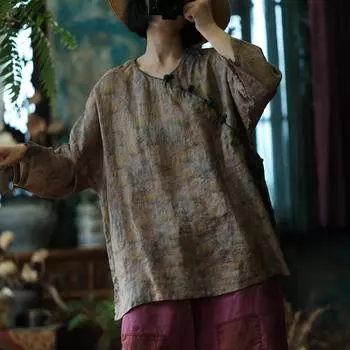 Johnature Женские винтажные футболки с цветочным принтом, с круглым вырезом и длинным рукавом, осенние женские футболки в китайском стиле с пуговицами One Size