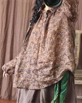 Johnature женские винтажные футболки с цветочным принтом и длинными рукавами с отложным воротником, осенние футболки на пуговицах, футболки Ramie