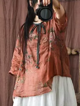 Johnature женские винтажные футболки с цветочным принтом, льняные тонкие топы, летняя женская свободная одежда, футболки One Size оранжевый