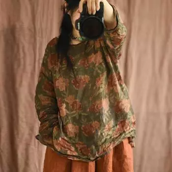 Johnature женские винтажные футболки с цветочным принтом, летние футболки с длинными рукавами и круглым вырезом Ramie, свободные женские футболки высокого качества One Size чёрный