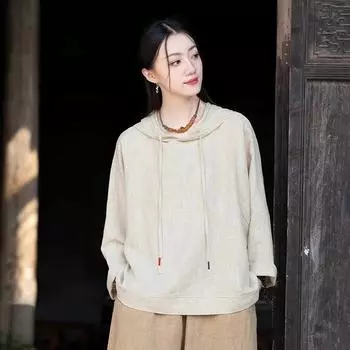 Johnature женские винтажные футболки с капюшоном, однотонные льняные футболки, весенние повседневные свободные женские футболки с длинными рукавами One Size темно-зеленого
