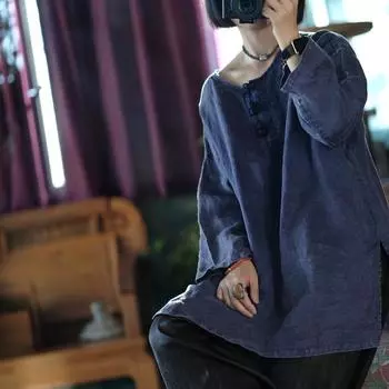 Johnature Женские винтажные футболки с круглым вырезом и длинным рукавом, осенние однотонные женские футболки с пуговицами One Size