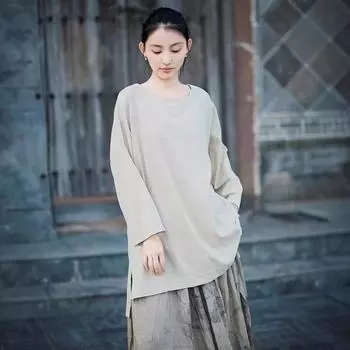 Johnature Женские винтажные футболки с круглым вырезом и длинным рукавом Свободные весенние оригинальные футболки в китайском стиле One Size бежевый