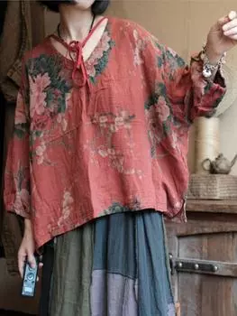 Johnature женские винтажные футболки с принтом, хлопковые мягкие футболки с длинными рукавами, весенние свободные женские красные футболки One Size красный