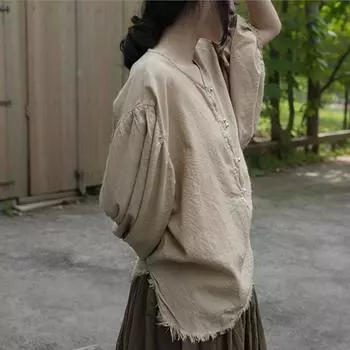 Johnature Женские винтажные футболки с рукавами-фонариками, однотонные футболки, весенние женские футболки на пуговицах в китайском стиле One Size