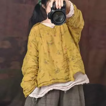 Johnature женские винтажные футболки с v-образным вырезом футболки с цветочным принтом и длинными рукавами одежда высокого качества весенние женские футболки One Size темно-зеленого