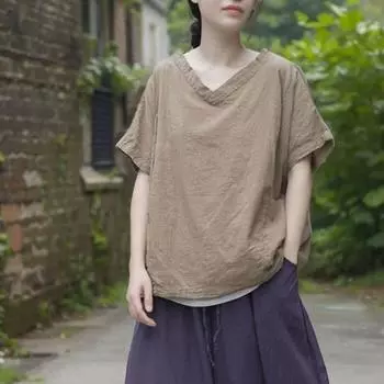 Johnature Женские винтажные футболки с V-образным вырезом и коротким рукавом Однотонные летние футболки с карманами в стиле пэчворк Свободные футболки One Size