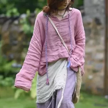 Johnature Женские винтажные футболки с v-образным вырезом и длинным рукавом, однотонные весенние повседневные свободные женские футболки, мягкие One Size розовый