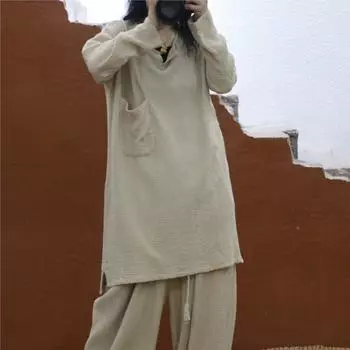 Johnature Женские винтажные футболки с V-образным вырезом и длинным рукавом, с карманами в стиле пэчворк, свободные весенние женские футболки One Size бежевый