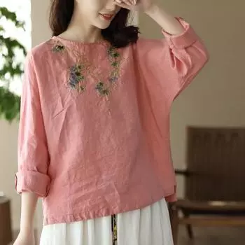 Johnature женские винтажные футболки с вышивкой и цветочным принтом, льняные футболки в китайском стиле, весенние женские футболки 3XS темно-синий